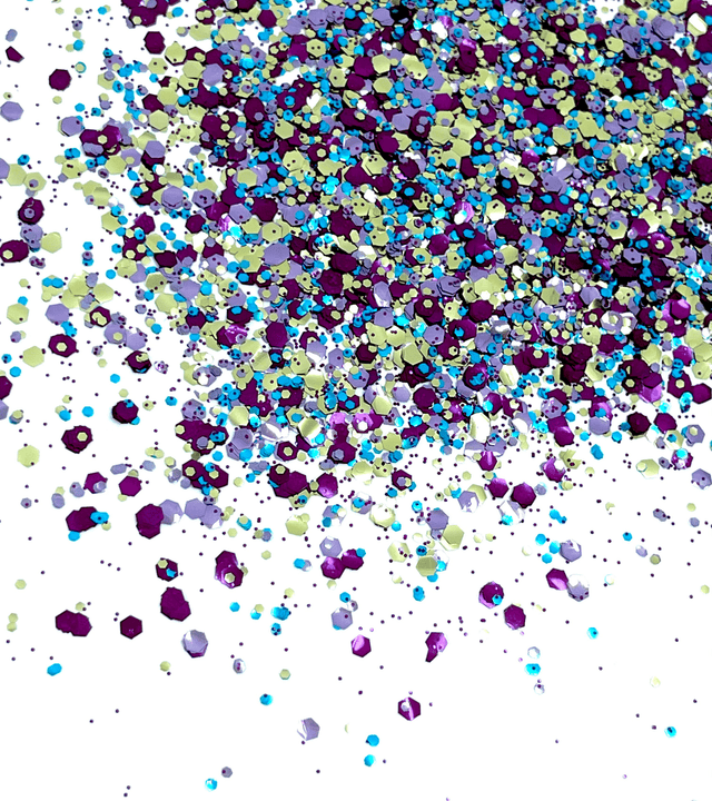 circus safari, the extraordinary ecoglitter mix of purple, gold, and blue.